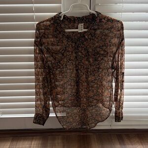 Free People Sheer Floral Blouse - Black and Brown